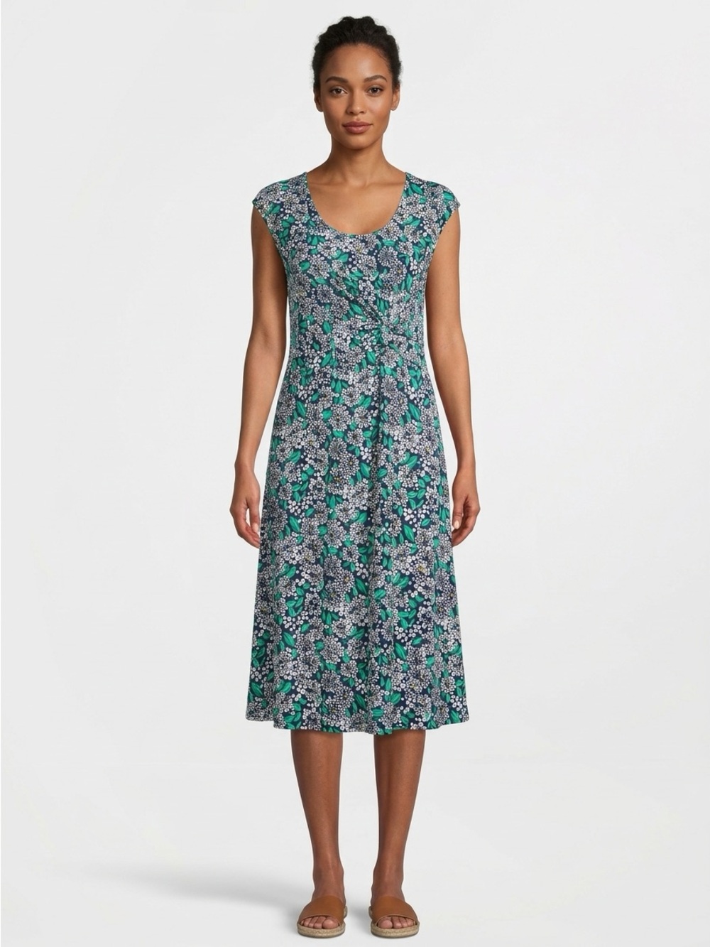 Lands' End Twist Front Dress V-Neck Cap Sleeve Floral Navy L